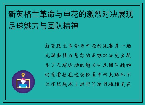 新英格兰革命与申花的激烈对决展现足球魅力与团队精神