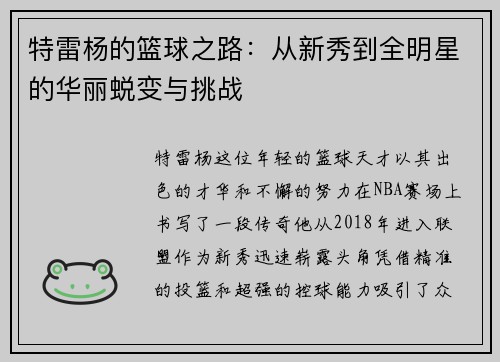 特雷杨的篮球之路：从新秀到全明星的华丽蜕变与挑战