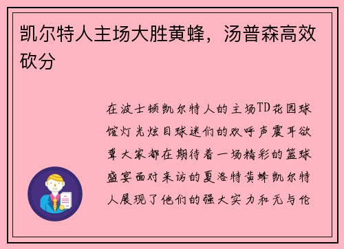 凯尔特人主场大胜黄蜂，汤普森高效砍分